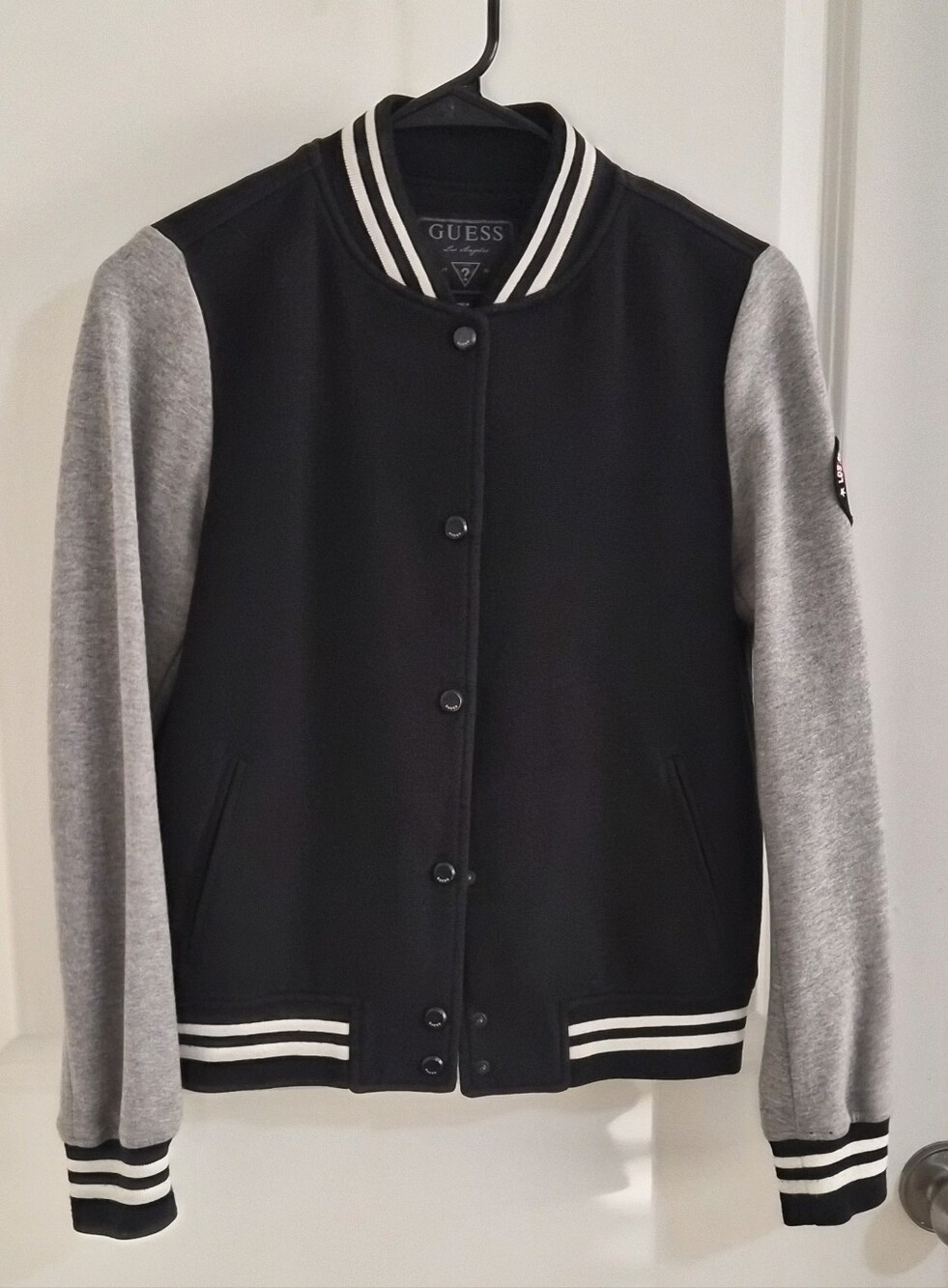 GUESS Black Body Gray Sleeve Varsity Jacket with Stripe Trim